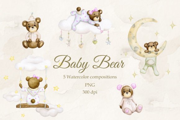 Baby Bear's Dreams Watercolor PNG Set for Modern Design